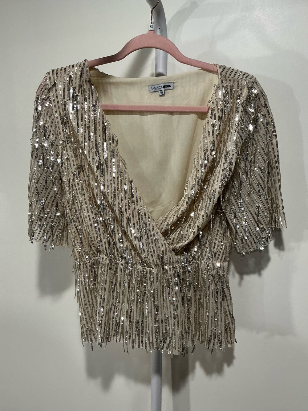 Fashion Nova Champagne Sequin Fringe Draped Top